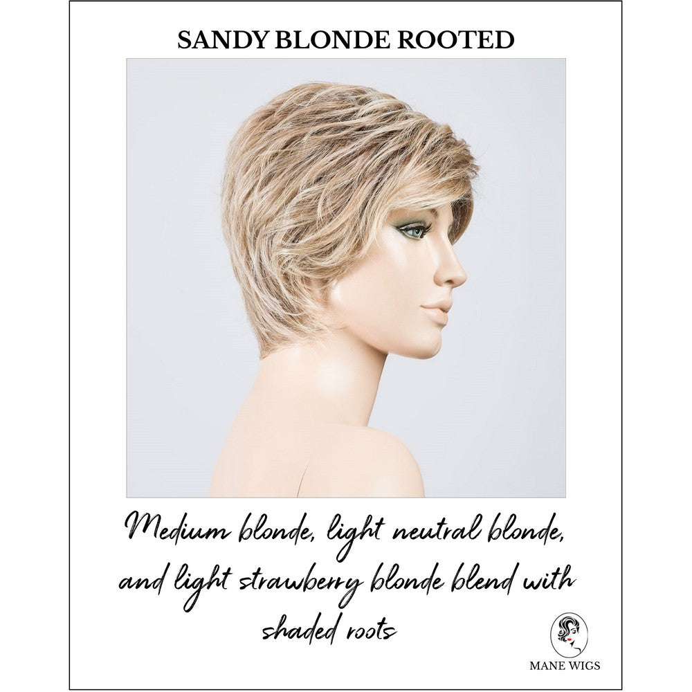 Cover wig by Ellen Wille in Sandy Blonde Rooted-Medium blonde, light neutral blonde, and light strawberry blonde blend with shaded roots