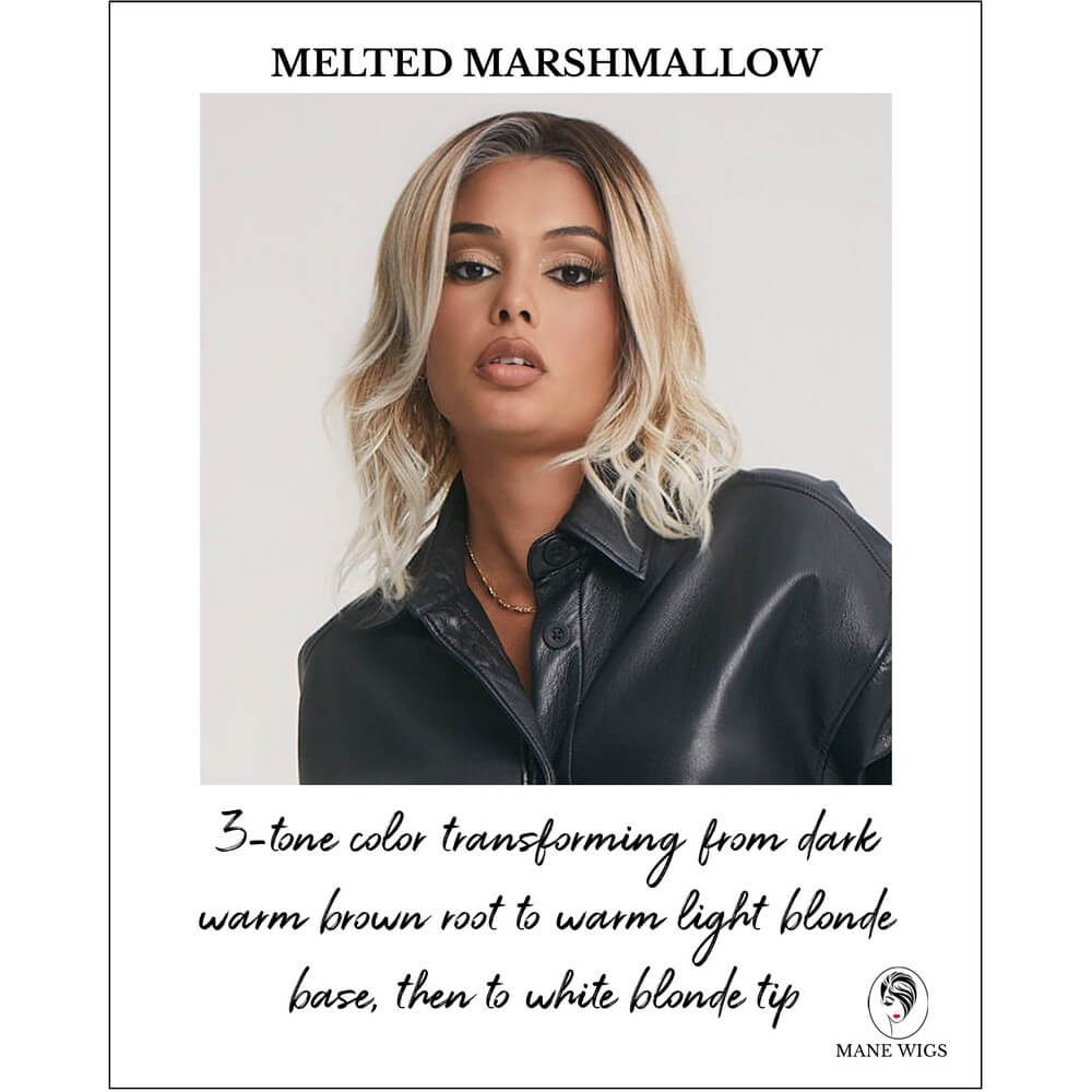 Melted Marshmallow-3-tone color transforming from dark warm brown root to warm light blonde base, then to white blonde tip