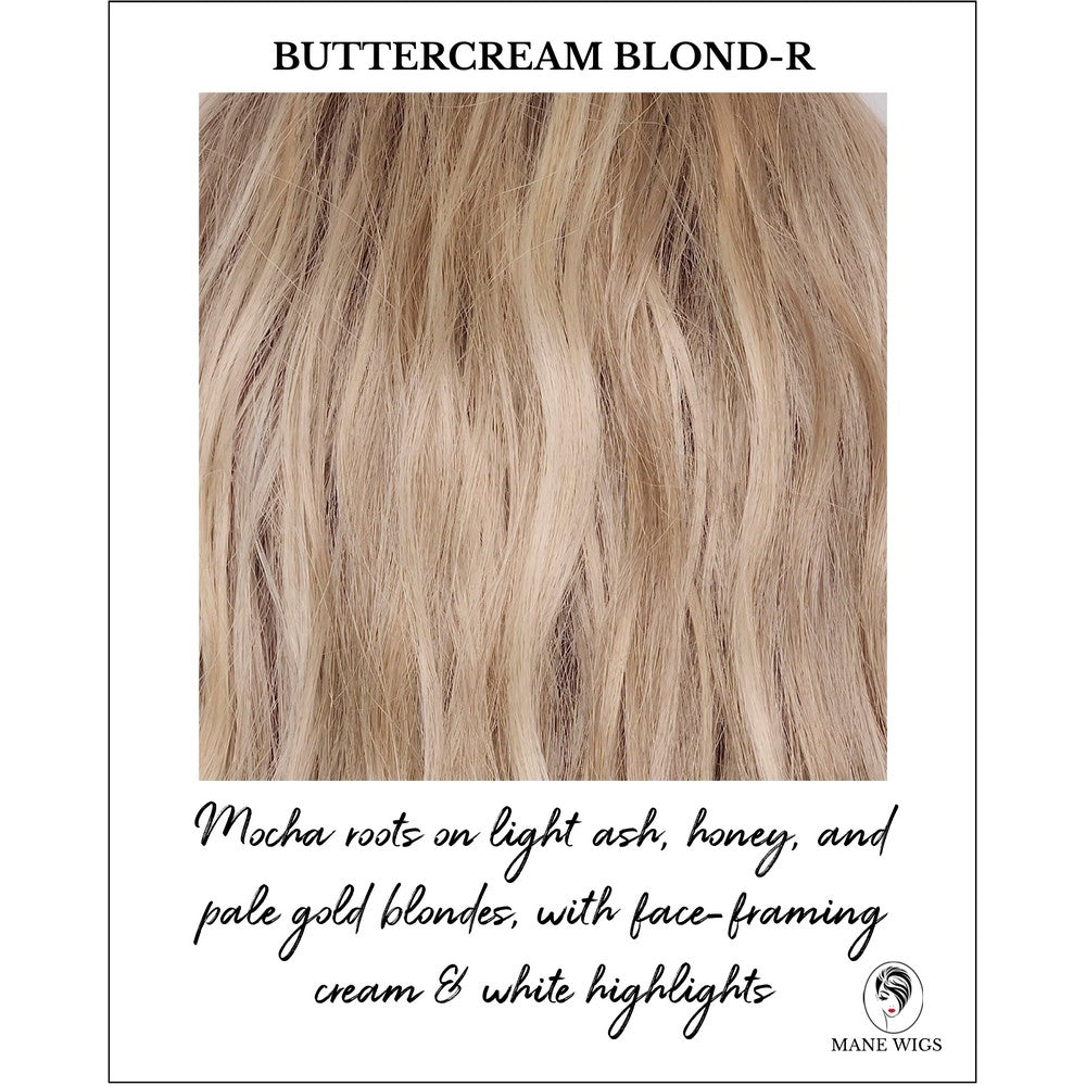 Buttercream Blond-R-Mocha roots on light ash, honey, and pale gold blondes, face-framing cream & white highlights