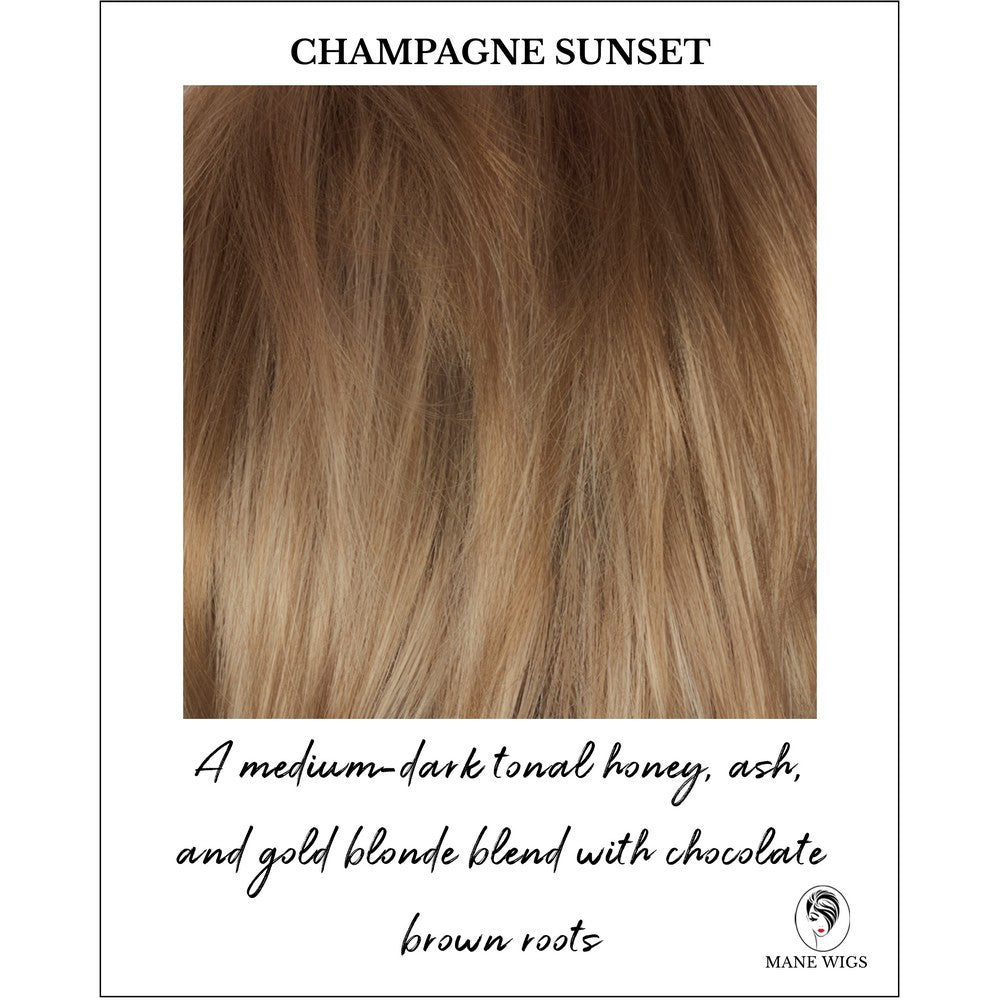 Champagne Sunset-A medium-dark tonal honey, ash, and gold blonde blend with chocolate brown roots