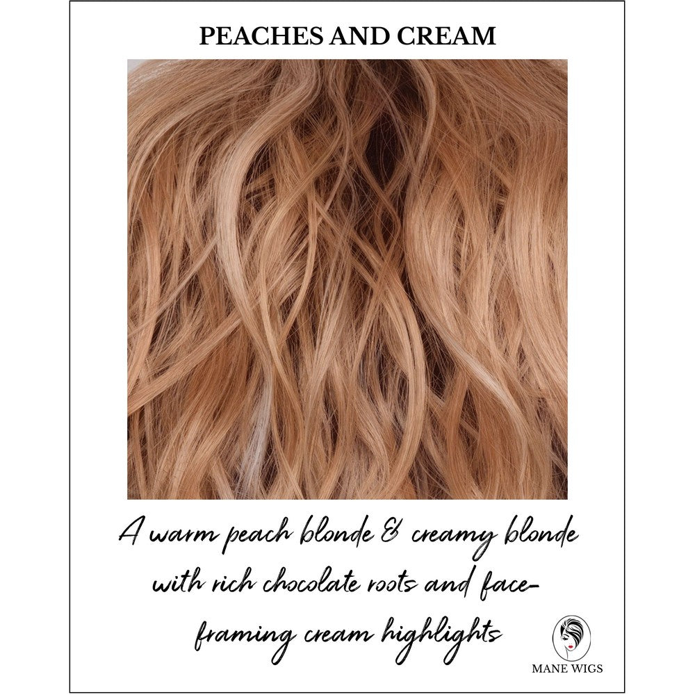 Peaches and Cream-A warm peach blonde & creamy blonde with rich chocolate roots and face-framing cream highlights