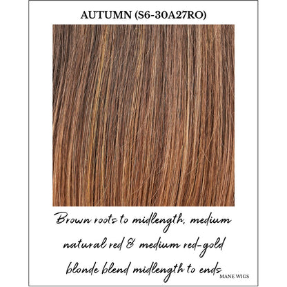 Autumn (S6-30A27RO)-Brown roots to midlength, medium natural red & medium red-gold blonde blend midlength to ends