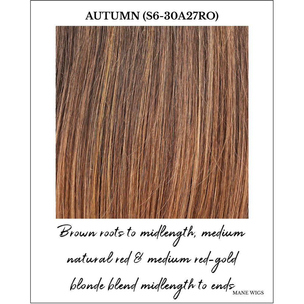 Autumn (S6-30A27RO)-Brown roots to midlength, medium natural red & medium red-gold blonde blend midlength to ends