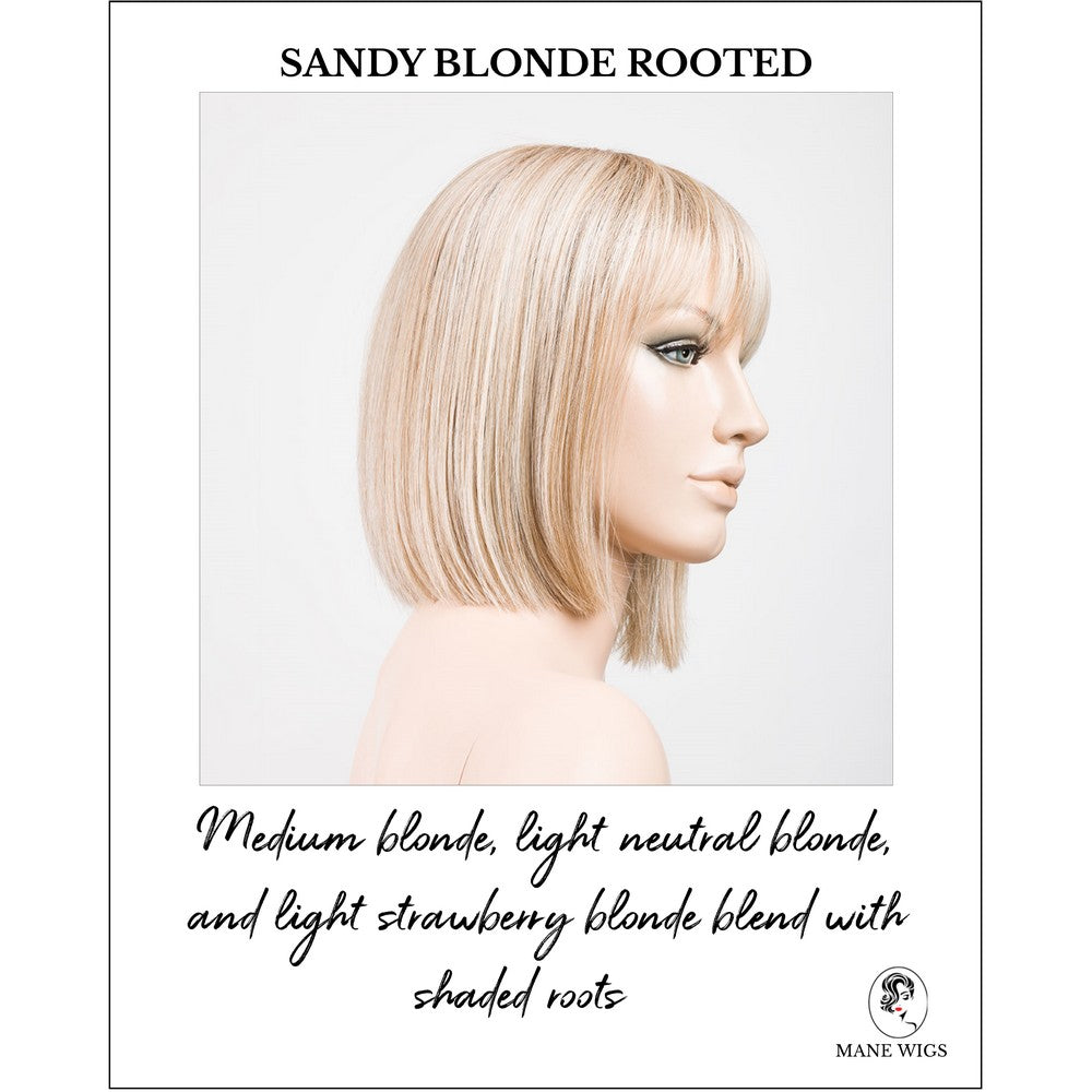 Cleo wig by Ellen Wille in Sandy Blonde Rooted-Medium blonde, light neutral blonde, and light strawberry blonde blend with shaded roots