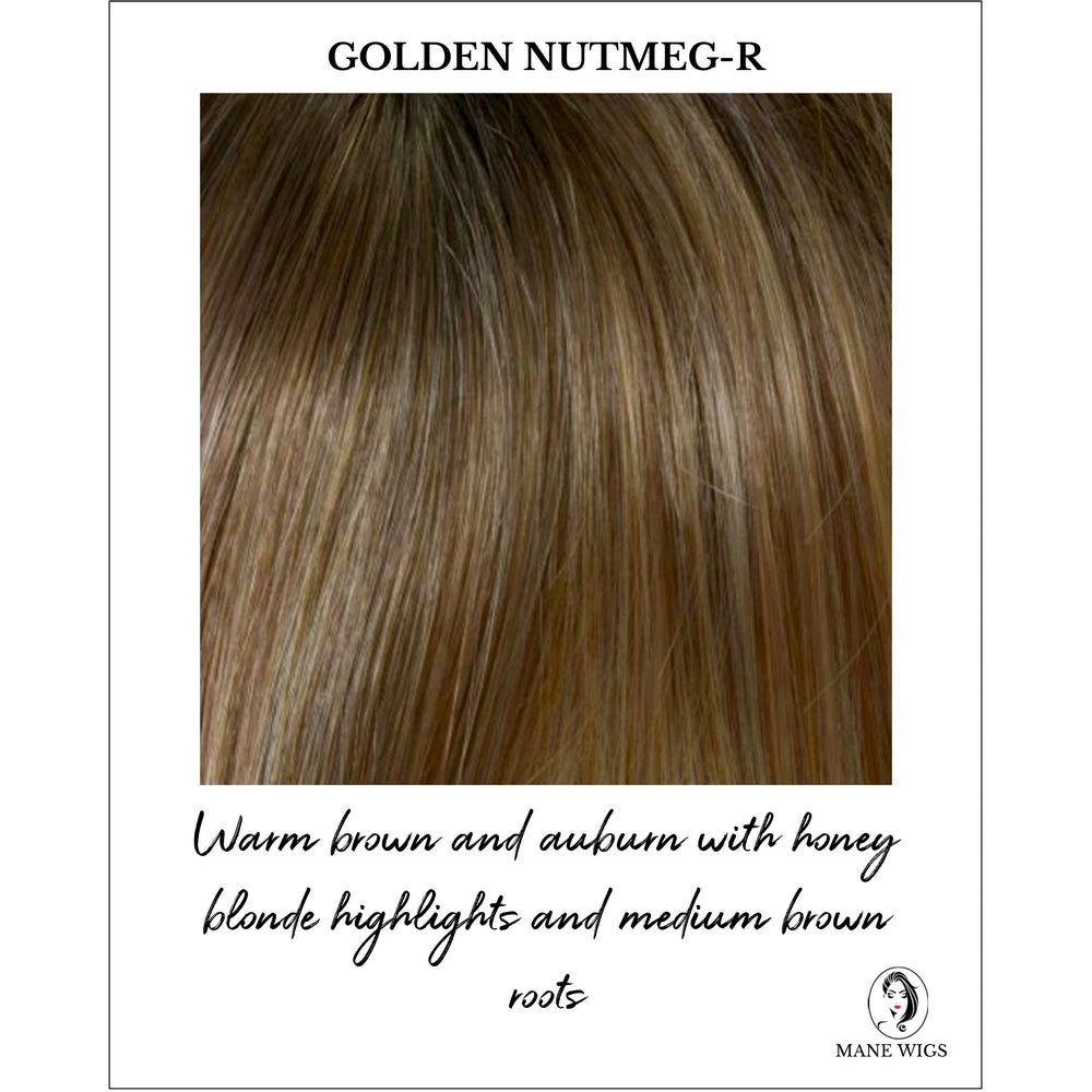 Golden Nutmeg-R-Warm brown and auburn with honey blonde highlights and medium brown roots