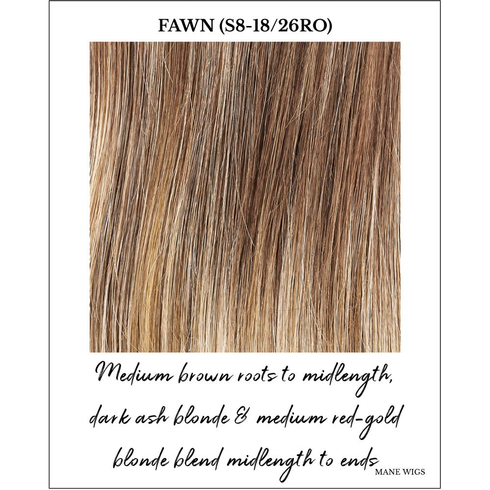 Fawn (S8-18/26RO)-Medium brown roots to midlength, dark ash blonde & medium red-gold blonde blend midlength to ends