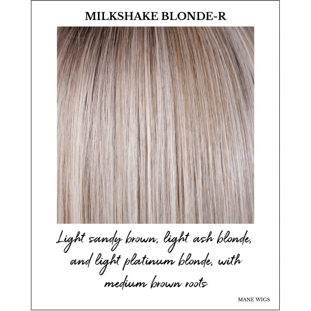 Milkshake Blonde-R-Light sandy brown, light ash blonde, and light platinum blonde, with medium brown roots