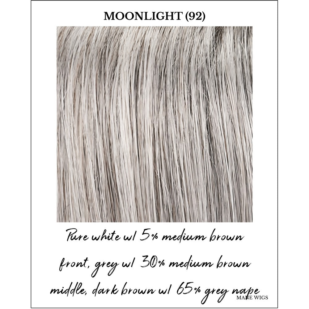 Moonlight (92)-Pure white w/ 5% medium brown front, grey w/ 30% medium brown middle, dark brown w/ 65% grey nape