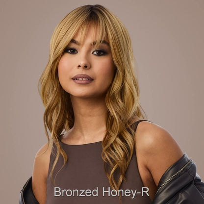 Posh Waves by Rene of Paris wig in Bronzed Honey-R-Rich warm golden blonde and chocolate brown tones, with dark chocolate roots