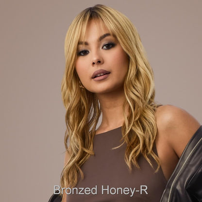 Posh Waves by Rene of Paris wig in Bronzed Honey-R-Rich warm golden blonde and chocolate brown tones, with dark chocolate roots