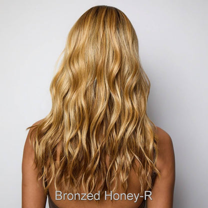Posh Waves by Rene of Paris wig in Bronzed Honey-R-Rich warm golden blonde and chocolate brown tones, with dark chocolate roots