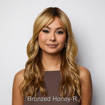 Posh Waves by Rene of Paris wig in Bronzed Honey-R-Rich warm golden blonde and chocolate brown tones, with dark chocolate roots
