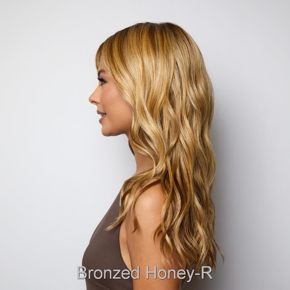 Posh Waves by Rene of Paris wig in Bronzed Honey-R-Rich warm golden blonde and chocolate brown tones, with dark chocolate roots