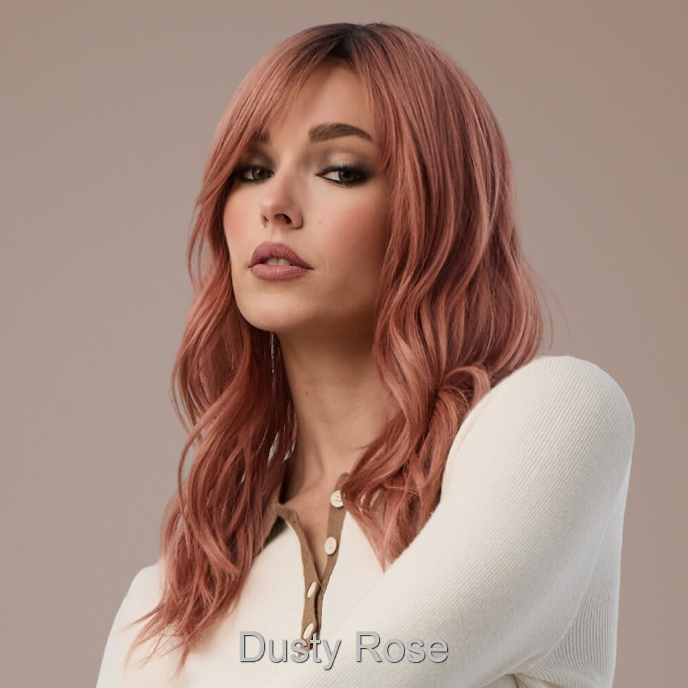 Pash Wavez by Rene of Paris wig in Dusty Rose-Rosy mauve and dark blonde blend with medium brown roots