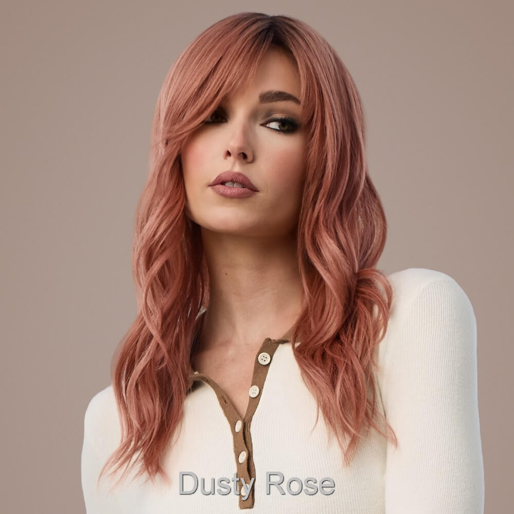 Pash Wavez by Rene of Paris wig in Dusty Rose-Rosy mauve and dark blonde blend with medium brown roots