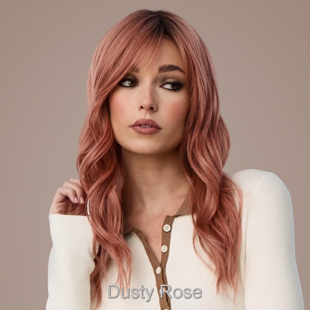 Pash Wavez by Rene of Paris wig in Dusty Rose-Rosy mauve and dark blonde blend with medium brown roots