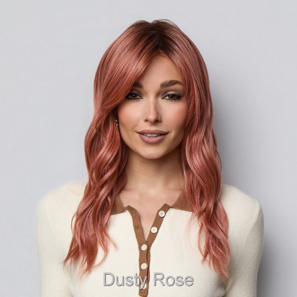 Pash Wavez by Rene of Paris wig in Dusty Rose-Rosy mauve and dark blonde blend with medium brown roots