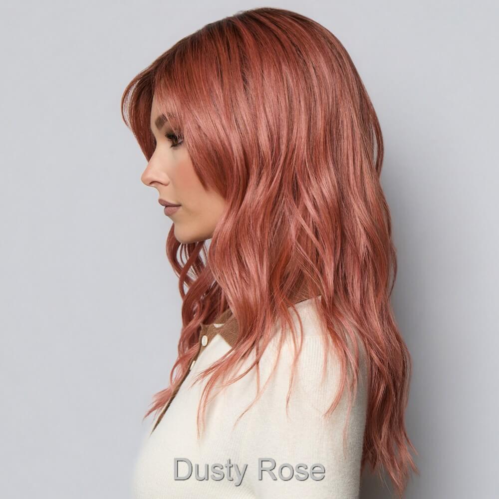 Pash Wavez by Rene of Paris wig in Dusty Rose-Rosy mauve and dark blonde blend with medium brown roots
