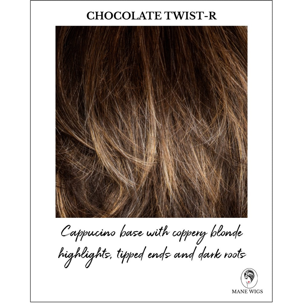 Chocolate Twist-R-Cappucino base with coppery blonde highlights, tipped ends and dark roots