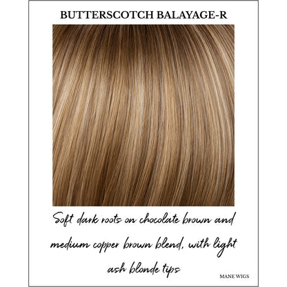 Butterscotch Balayage-R-Soft dark roots on chocolate brown and medium copper brown blend, with light ash blonde tips