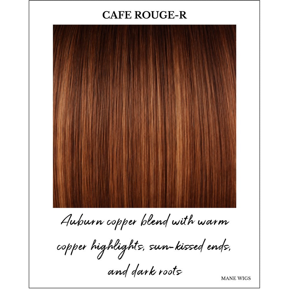 Cafe Rouge-R-Auburn copper blend with warm copper highlights, sun-kissed ends, and dark roots