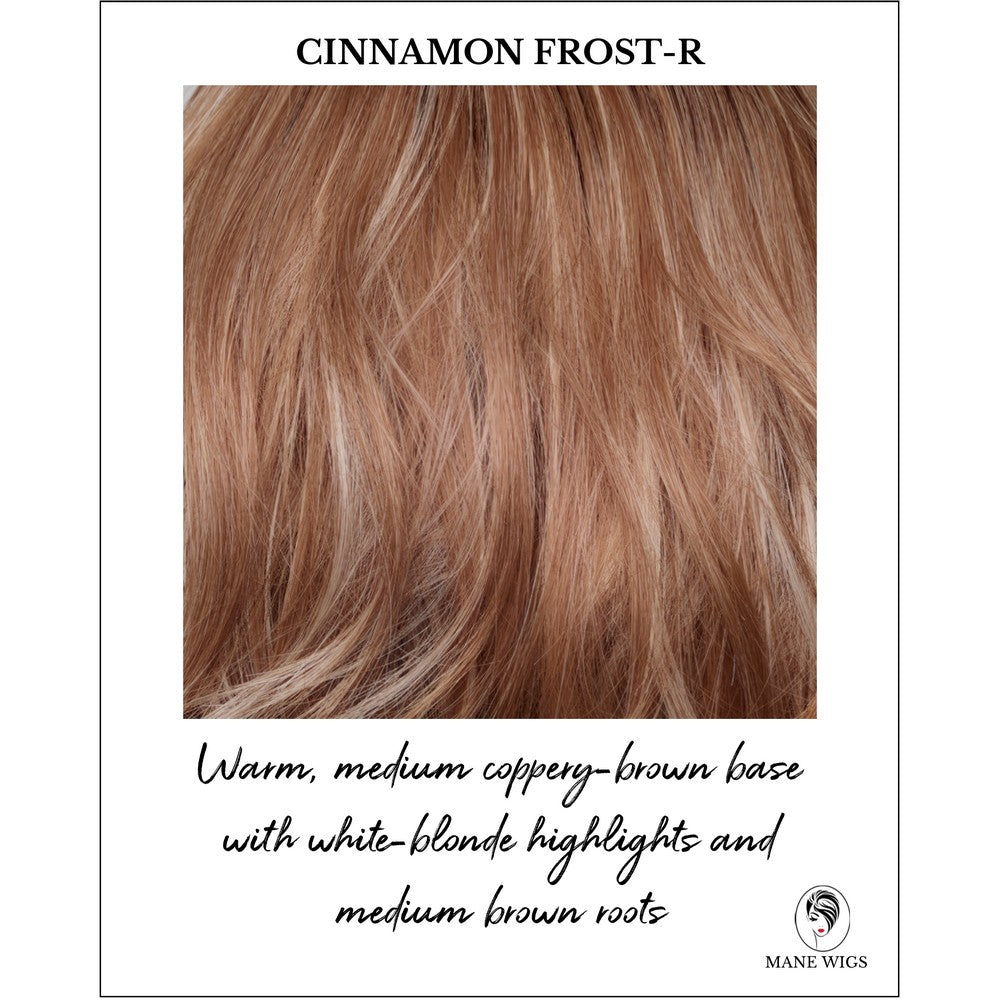Cinnamon Frost-R-Warm, medium coppery-brown base with white-blonde highlights and medium brown roots