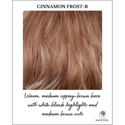Cinnamon Frost-R-Warm, medium coppery-brown base with white-blonde highlights and medium brown roots