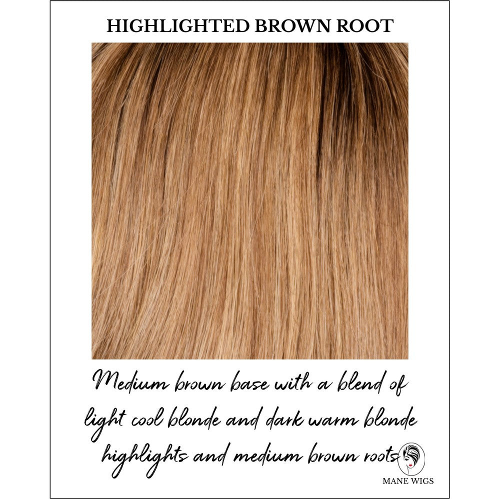 Highlighted Brown Root-Medium brown base with a blend of light cool blonde and dark warm blonde highlights and medium brown roots