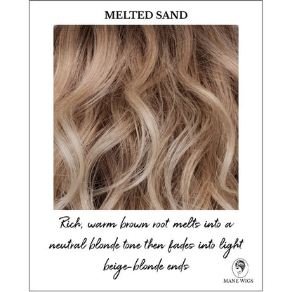 Melted Sand-Rich, warm brown root melts into a neutral blonde tone then fades into light beige-blonde ends
