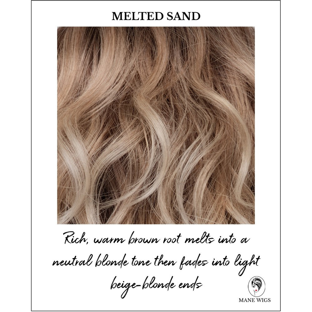 Melted Sand-Rich, warm brown root melts into a neutral blonde tone then fades into light beige-blonde ends