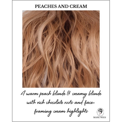 Peaches and Cream-A warm peach blonde & creamy blonde with rich chocolate roots and face-framing cream highlights