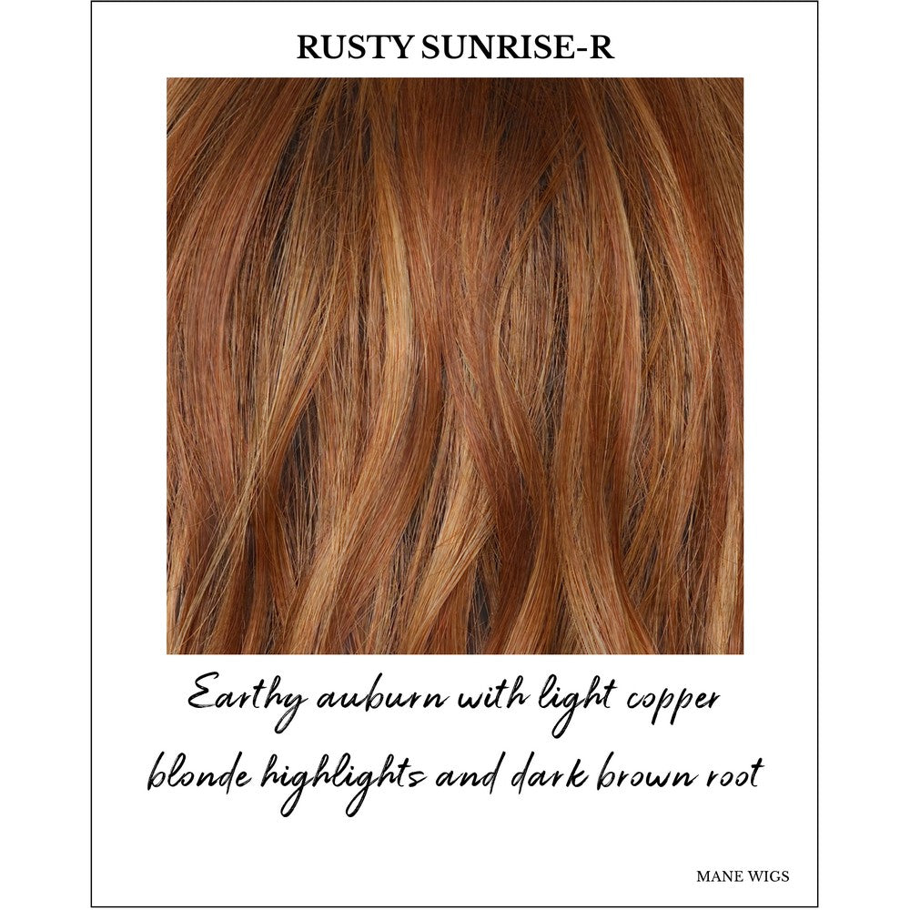 Rusty Sunrise-R-Earthy auburn with light copper blonde highlights and dark brown root