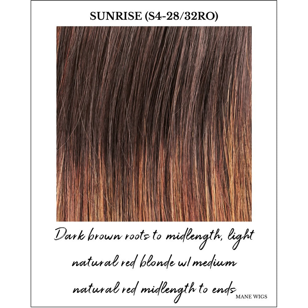 Sunrise (S4-28/32RO)-Dark brown roots to midlength, light natural red blonde w/medium natural red midlength to ends