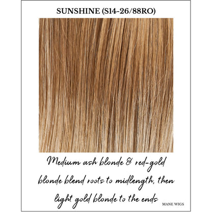 Sunshine (S14-26/88RO)-Medium ash blonde & red-gold blonde blend roots to midlength, then light gold blonde to the ends