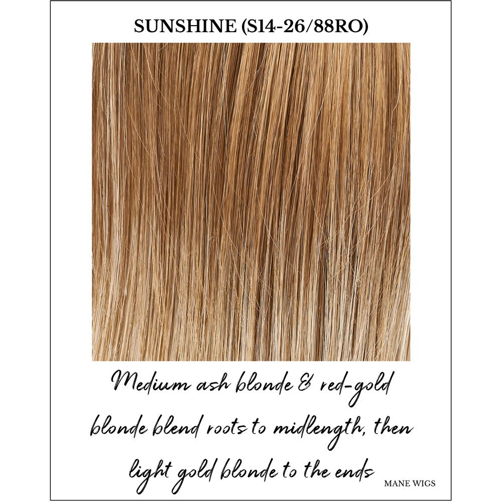 Sunshine (S14-26/88RO)-Medium ash blonde & red-gold blonde blend roots to midlength, then light gold blonde to the ends