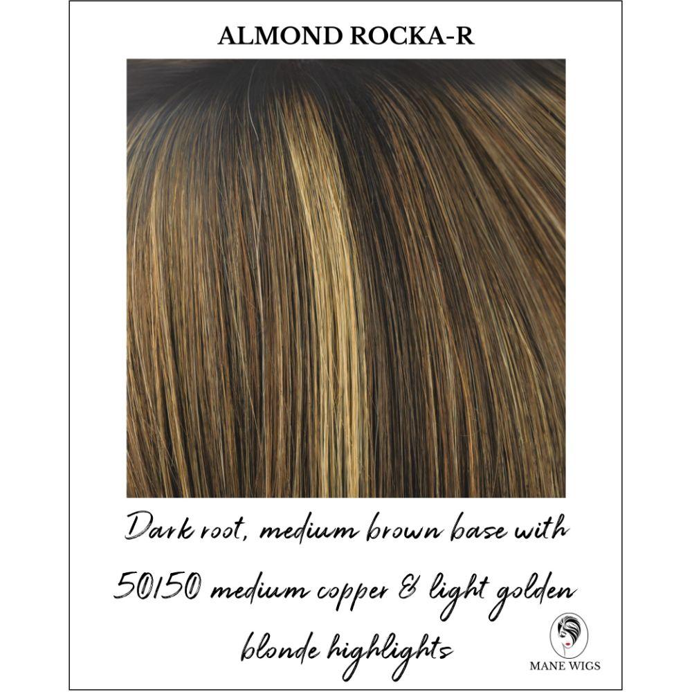 Almond Rocka-R-Dark root, medium brown base with 50/50 medium copper & light golden blonde highlights