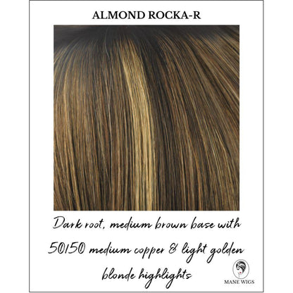 Almond Rocka-R-Dark root, medium brown base with 50/50 medium copper & light golden blonde highlights