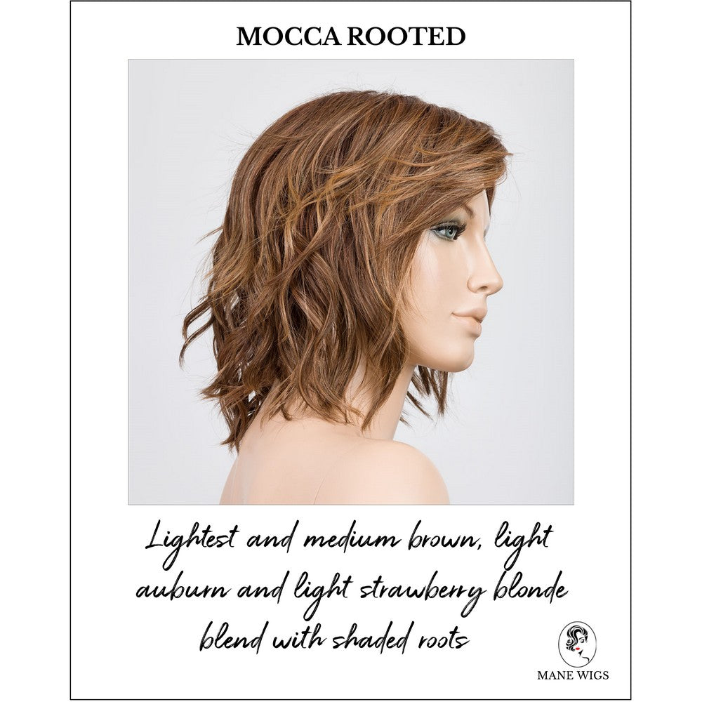 Anima in Mocca Rooted-Lightest and medium brown, light auburn and light strawberry blonde blend with shaded roots