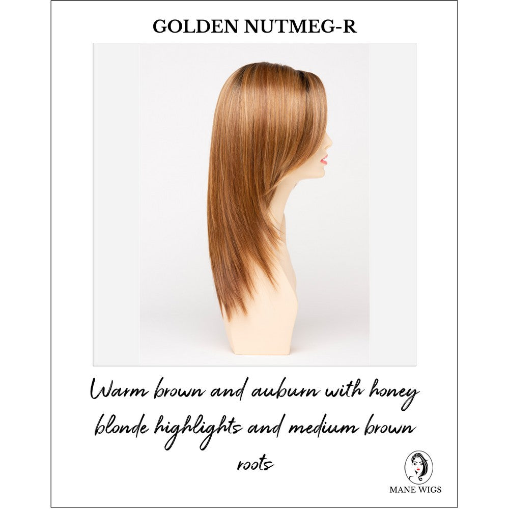 Ava By Envy in Golden Nutmeg-R-Warm brown and auburn with honey blonde highlights and medium brown roots