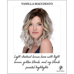 VANILLA MACCHIATO-Light chestnut brown base with light brown, golden blonde, and icy blonde painted highlights