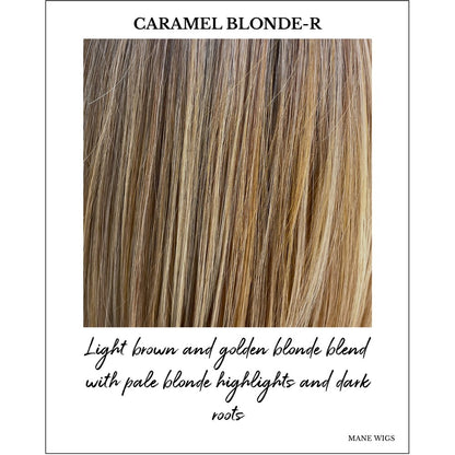 Caramel Blonde-R-Light brown and golden blonde blend with pale blonde highlights and dark roots