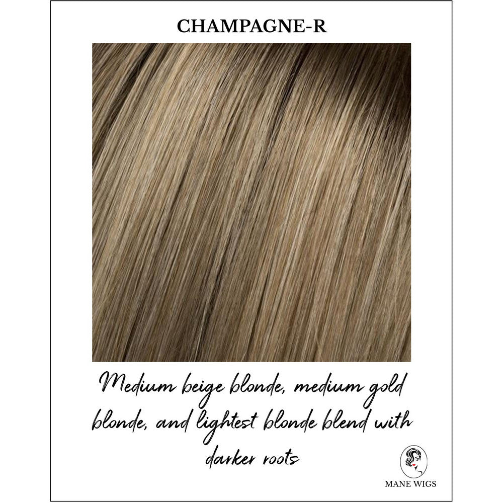 Champagne-R-Medium beige blonde, medium gold blonde, and lightest blonde blend with darker roots