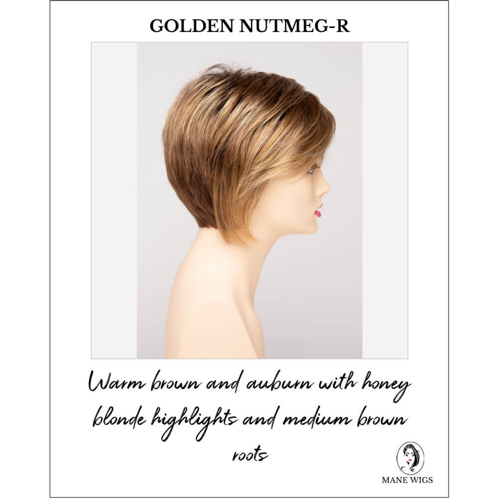 Golden Nutmeg-R-Warm brown and auburn with honey blonde highlights and medium brown roots