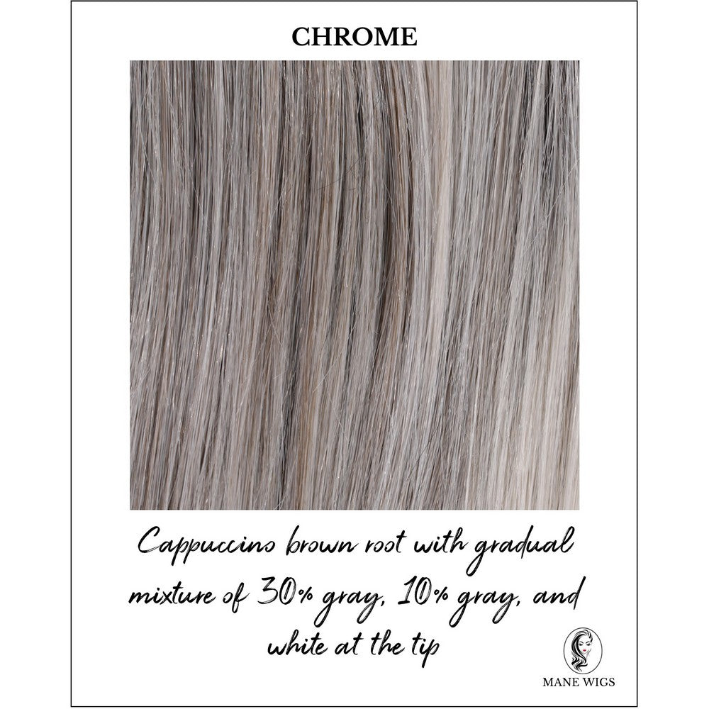Chrome-Cappuccino brown root with gradual mixture of 30% gray, 10% gray, and white at the tip