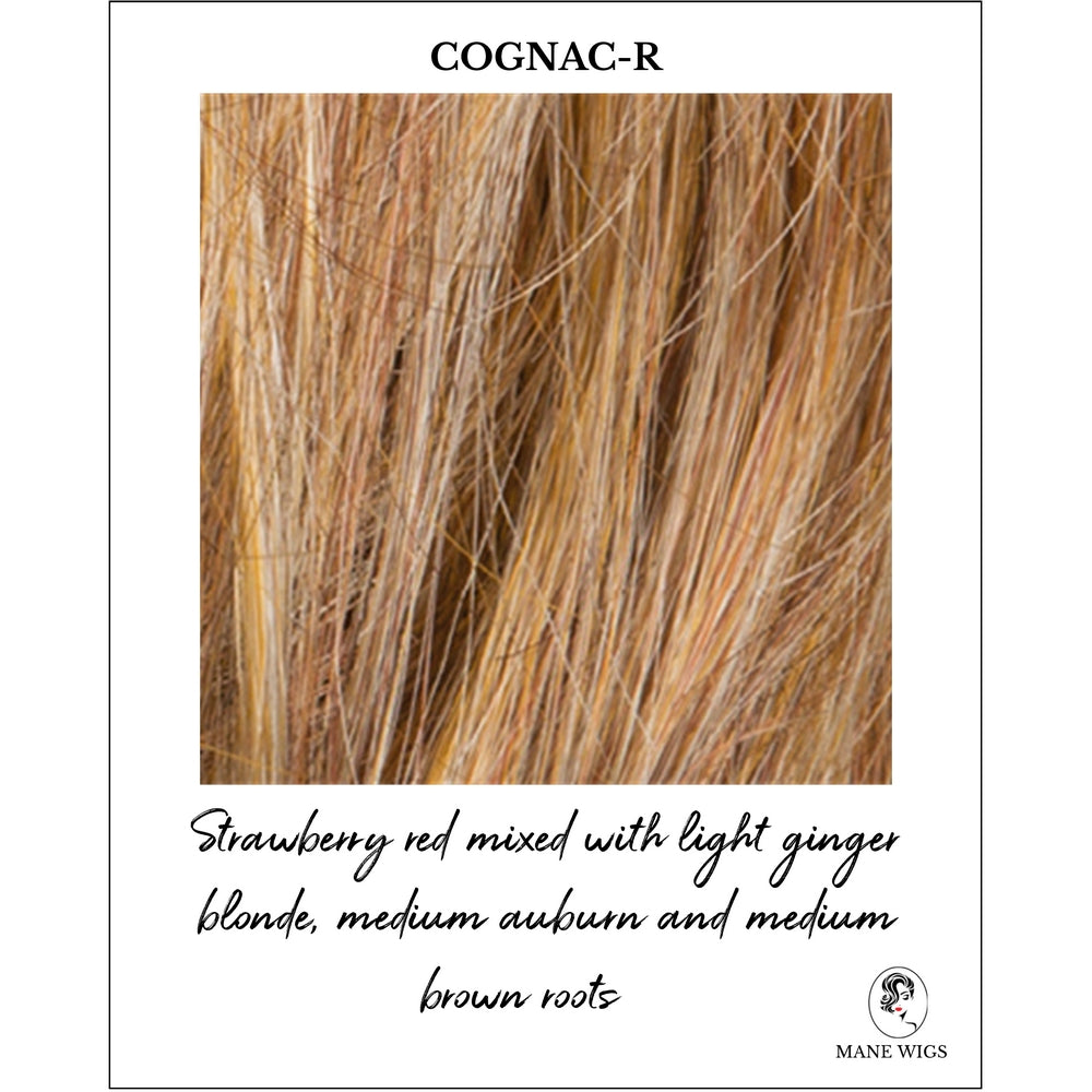 Cognac-R-Strawberry red mixed with light ginger blonde, medium auburn and medium brown roots
