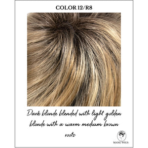 COLOR 12/R8-Dark blonde blended with light golden blonde with a warm medium brown roots