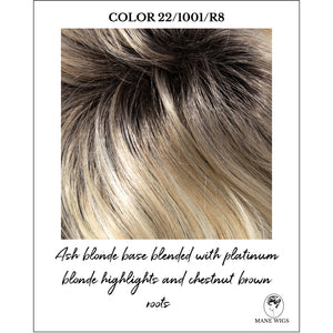 COLOR 22/1001/R8-Ash blonde base blended with platinum blonde highlights and chestnut brown roots