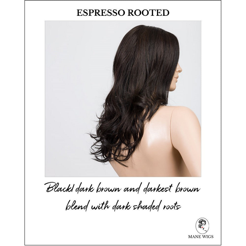 Diva in Espresso Rooted-Black/dark brown and darkest brown blend with dark shaded roots