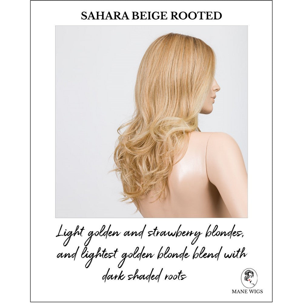 Diva in Sahara Beige Rooted-Light golden and strawberry blondes, and lightest golden blonde blend with dark shaded roots
