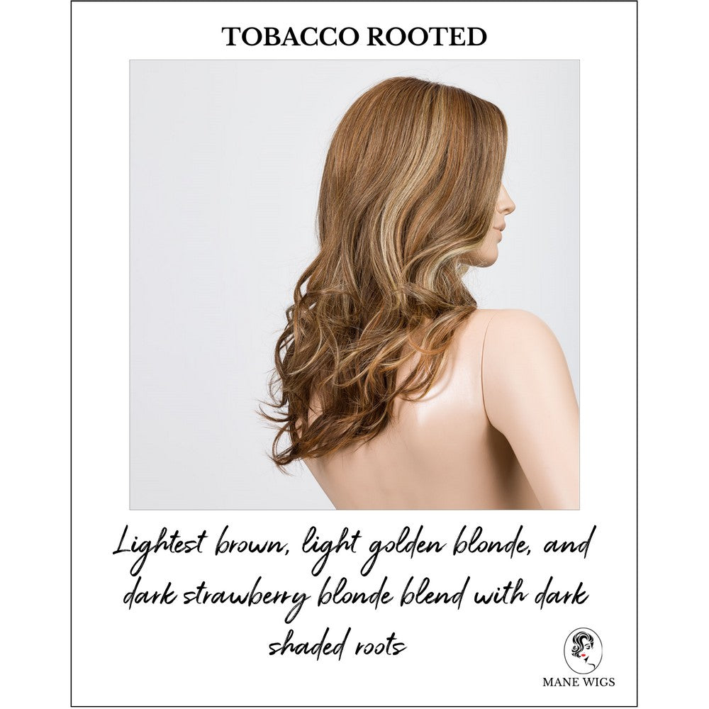 Diva in Tobacco Rooted-Lightest brown, light golden blonde, and dark strawberry blonde blend with dark shaded roots